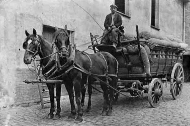 Le charretier Une charrette tiree par deux chevaux robustes pour le transport de la pierre  du bois  du grain ou autres