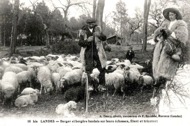 Berger et bergere landais sur leurs echasses filant et tricotant